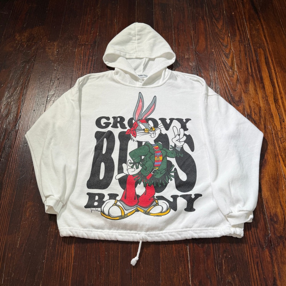 Vintage 90s Bugs Bunny Hoodie Mens XL White Groovy Graphic USA Made Sweatshirt